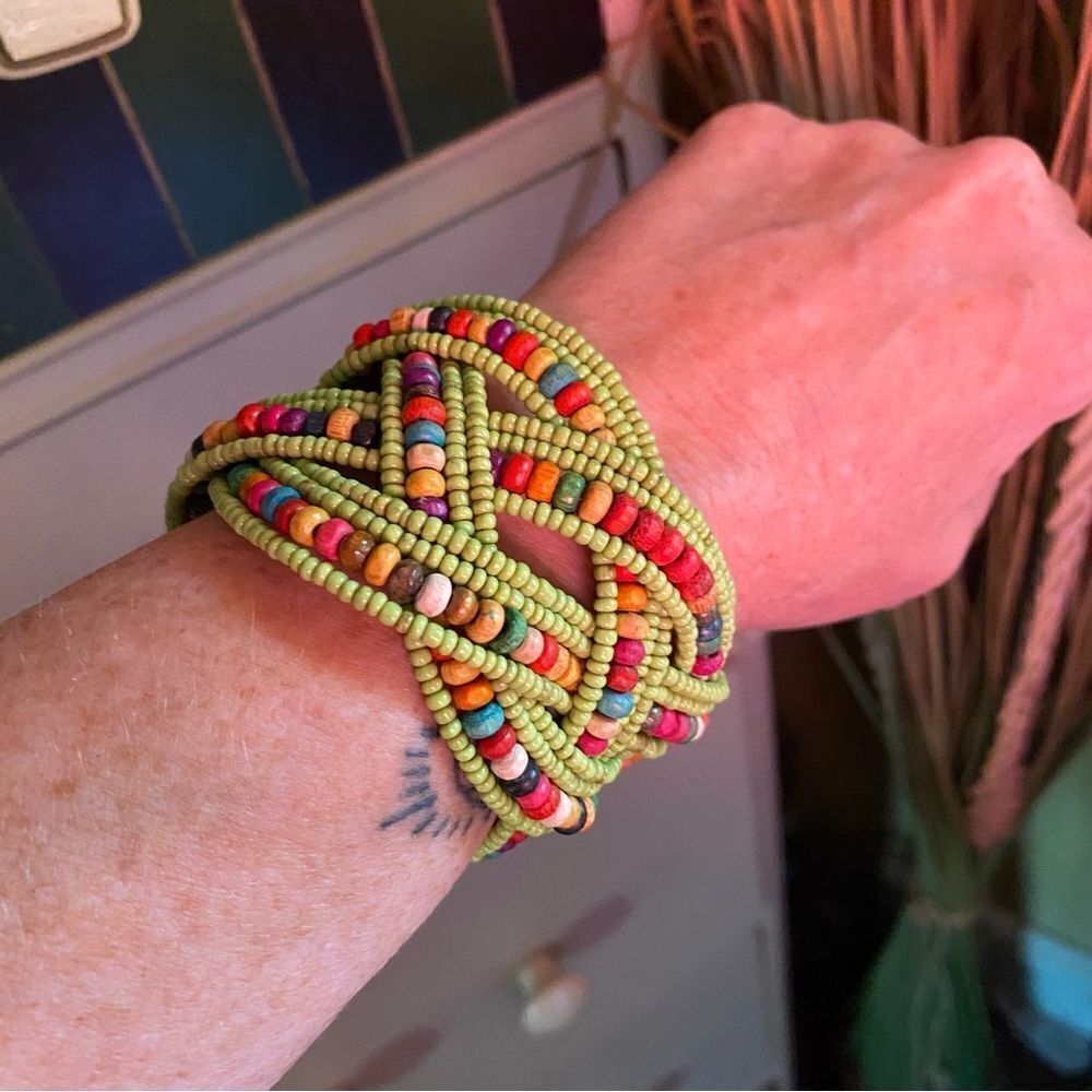 Multi Color Glass Bead & Wooden Beaded Cuff Bracelet
Adjustable